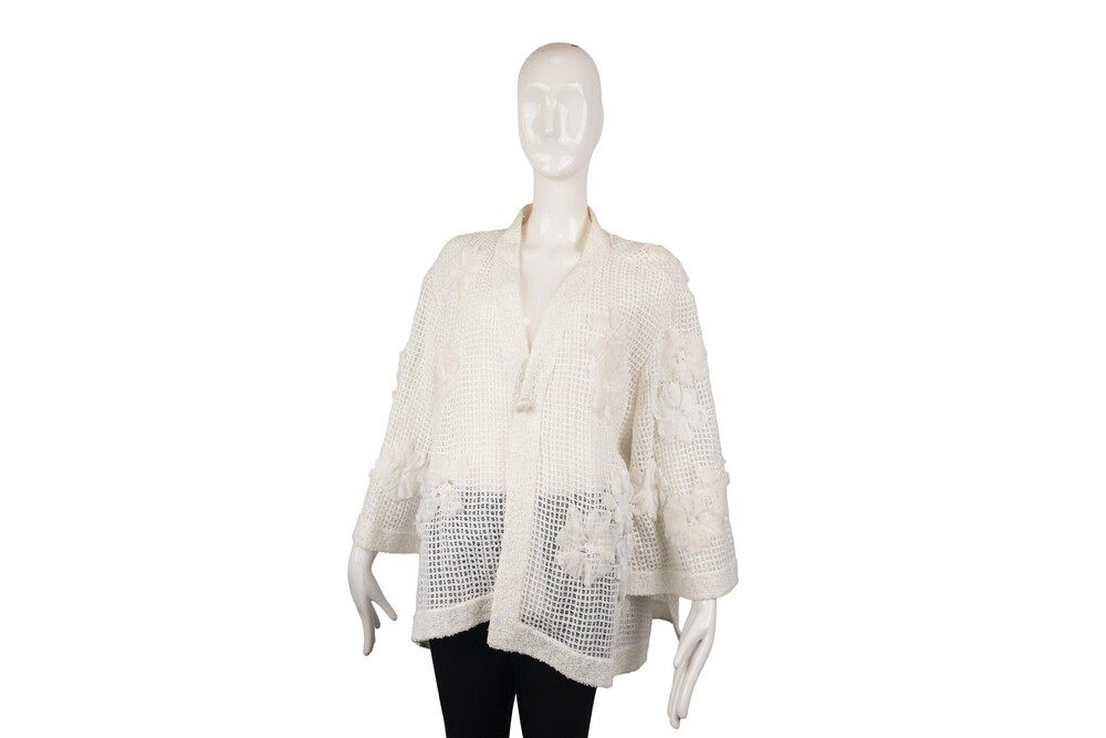 Chanel White Flower Applique Cardigan Crochet Knit Size 42